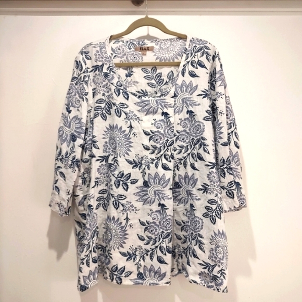 Flax Linen Floral Tunic Top Lagenlook Blue and White 3/4 Sleeves L